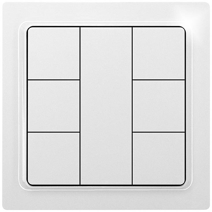Ein sechsfeldiger Wandschalter in quadratischer Form, oft zur Kontrolle von Beleuchtung oder Elektronik in einem Raum genutzt.