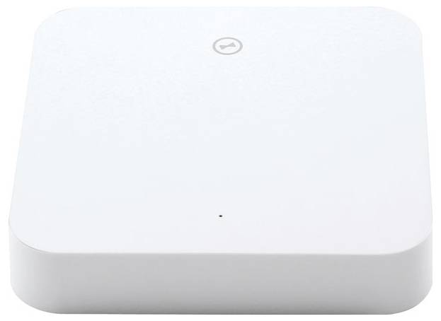 Ein weißes, quadratisches elektronisches Gerät mit minimalem Design und einem kleinen Symbol in der Mitte oben.