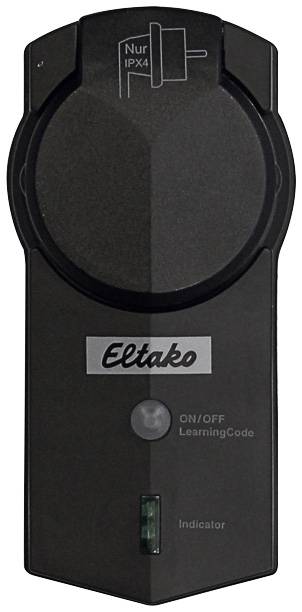 Schwarzer Elektroadapter mit 'Eltako'-Logo. Verfügt über einen Ein-/Aus-Schalter, LED-Anzeige und den Hinweis 'Nur IPX4'.