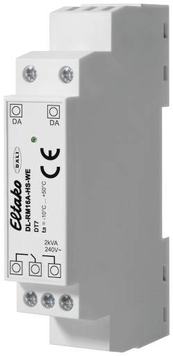 Ein graues, rechteckiges Relaismodul von 'Eltako' mit Modellnummer 'DL-12V/16A-HS' und CE-Kennzeichnung.