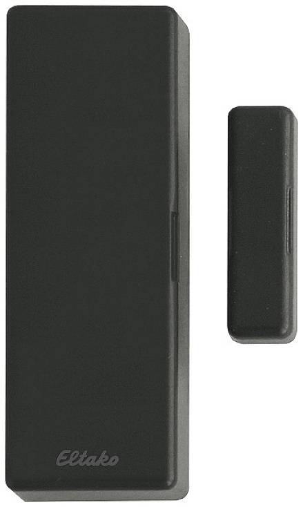 Ein schwarzer Tür- und Fenstersensor von Eltako zur Überwachung von Öffnungs- und Schließzuständen. Links Hauptsensor, rechts magnetischer Kontakt.