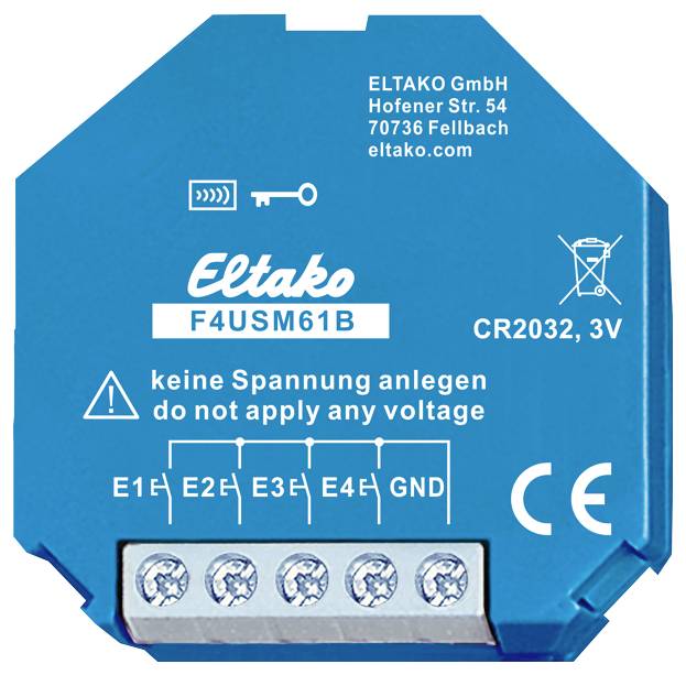 Blaues Modul von Eltako, Modell F4USM61B, mit Batteriefach für CR2032 3V. Mit Anschlüssen E1–E4, GND. Warnhinweis: 'keine Spannung anlegen'.