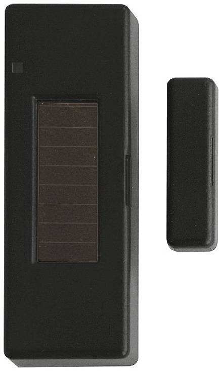 Ein schwarzer rechteckiger Sensor mit Solarpanel und ein kleinerer rechteckiger Magnet. Beides zur Überwachung von Tür- oder Fensteröffnungen.