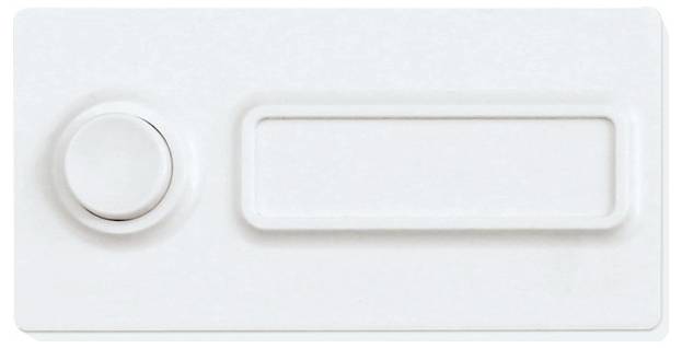 Weiße Türklingelplatte mit rundem Knopf links und rechteckigem Namensschild rechts.