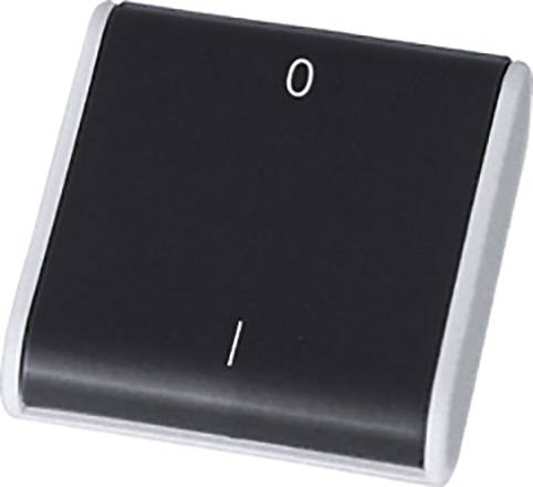 Ein schwarzer Kippschalter mit silbernen Seiten ist abgebildet, markiert mit '0' für aus und 'I' für ein, zeigt die Schaltzustände.
