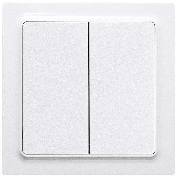 Ein weißer Doppelschalter an einer Wand, zur Steuerung elektrischer Geräte oder Beleuchtung.