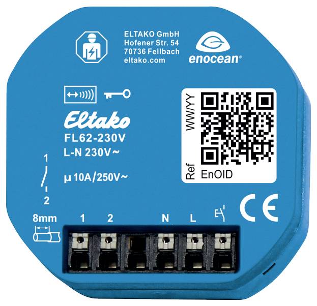 'Funkaktor' mit 230V, 10A. Klemmen für L-, N-, und Schaltkontakte. Hersteller: Eltako GmbH. EnOcean-Technologie. QR-Code oben rechts.