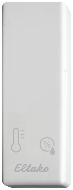 Ein weißer Sensor von 'Eltako' zur Messung von Temperatur und Luftfeuchtigkeit, mit Symbolen für Thermometer und Feuchtigkeitstropfen.