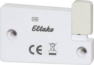 Ein weißes elektrisches Gerät von Eltako mit CE-Zeichen, zwei Montageschrauben und einem rechteckigen Schalter oben rechts.