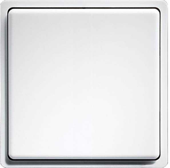 Ein quadratischer, weißer Lichtschalter mit einem minimalistischen Design, vor einem neutralen Hintergrund.