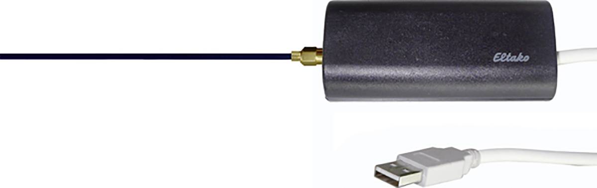 Schwarze Antenne mit USB-Anschluss und goldener Befestigung. Aufschrift 'Eltako' am Gehäuse.