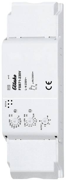 Ein weißes elektrisches Gerät mit CE-Kennzeichnung, Drehreglern und Anschlüssen. Markiert mit 'Eltako FSB71-230V'.
