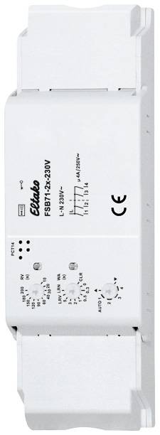 Ein weißes, rechteckiges Elektrogerät mit Bedienelementen und Diagrammen auf der Vorderseite, gekennzeichnet als 'Eltako FSB71-230V'.