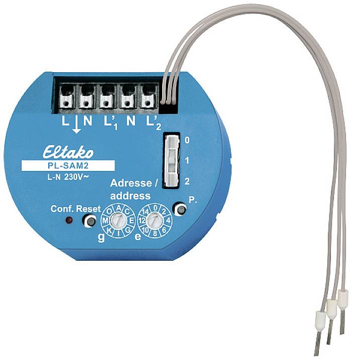 Blauer Eltako PL-SAM2 Steckdosenadapter mit Adresseneinstellung, fünf Anschlüssen und Konfigurationstasten, für 230V Strom.