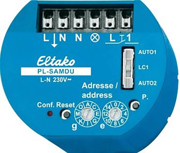 Blauer Schalter Eltako PL-SAMDU mit Tasten L, N, L1 und drehbaren Adress-Einstellungen. Etikett: 'Adresse/address'.