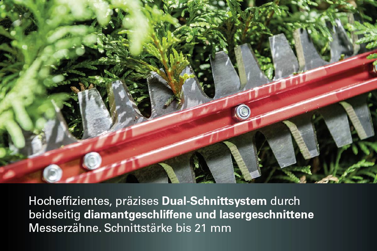 Ein Heckenscherenblatt mit zweischneidigen, diamantgeschliffenen Zähnen schneidet durch dichtes Grün. Text betont Effizienz.