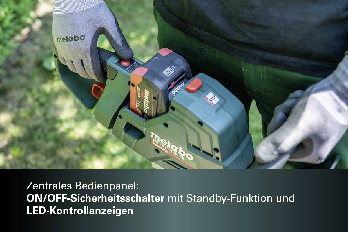 Eine Person hält ein Elektrowerkzeug mit zentralem Bedienpanel, ON/OFF-Sicherheitsschalter, Standby-Funktion und LED-Kontrollanzeigen.