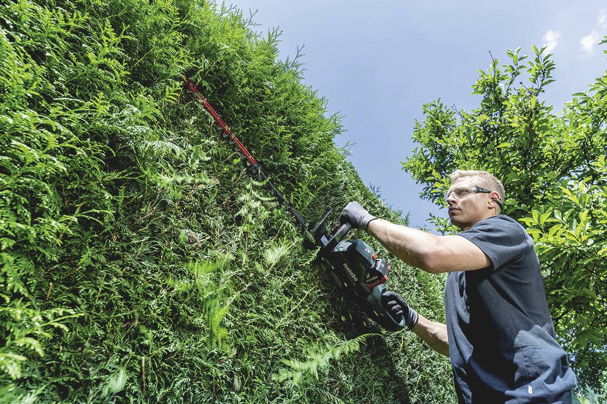 Ein Mann schneidet mit einer elektrischen Heckenschere eine große grüne Hecke. Er trägt Schutzbrille und Handschuhe. Der Himmel ist blau.