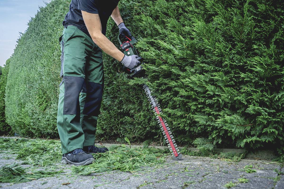 Eine Person in Arbeitskleidung schneidet mit einer elektrischen Heckenschere eine hohe grüne Hecke entlang eines Weges.