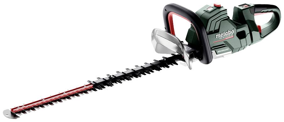 Eine grüne, kabellose Heckenschere mit rotem Schutz, ergonomischem Griff und Metabo-Logo, geeignet für Gartenschneidarbeiten.