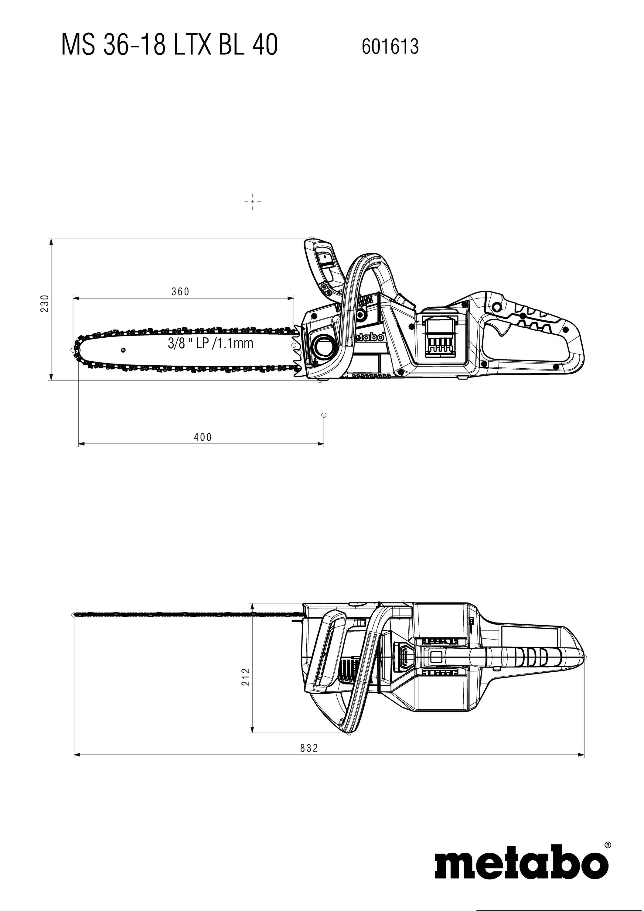 Technische Zeichnung einer Motorsäge von Metabo. Oben Seitenansicht mit Abmessungen, unten Draufsicht. Modell: MS 36-18 LTX BL 40.