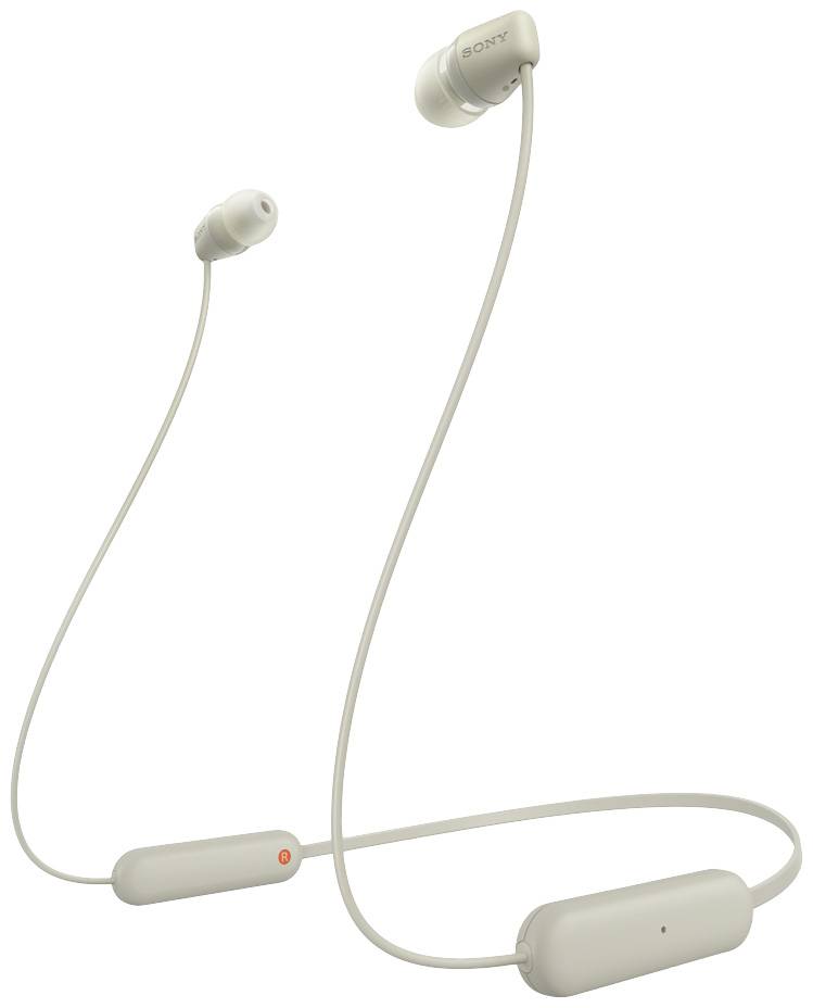 Zwei kabellose Ohrhörer mit Verbindung über ein dünnes Kabel und Steuerungseinheit. Diese sind in einer schlichten, hellen Farbe gehalten.