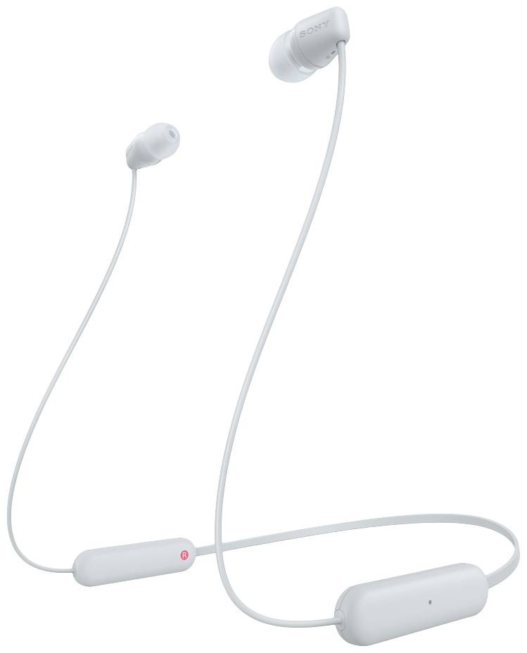 Kabellose weiße In-Ear-Kopfhörer mit Nackenbügel. Ein Ohrstück zeigt das Markenlogo, das Kabel verbindet die beiden Ohrstücke.