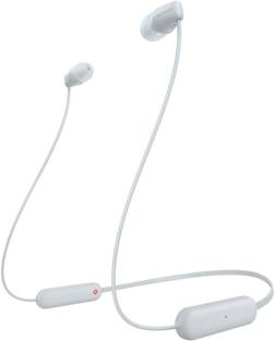 Kabellose, weiße In-Ear-Kopfhörer mit verbundenem Halsband. Ideal für Musik unterwegs oder beim Sport.