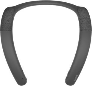 Tragbarer Nackenlautsprecher in U-Form, schwarz, mit integrierten Lautsprechern für kabelloses Audio-Erlebnis.