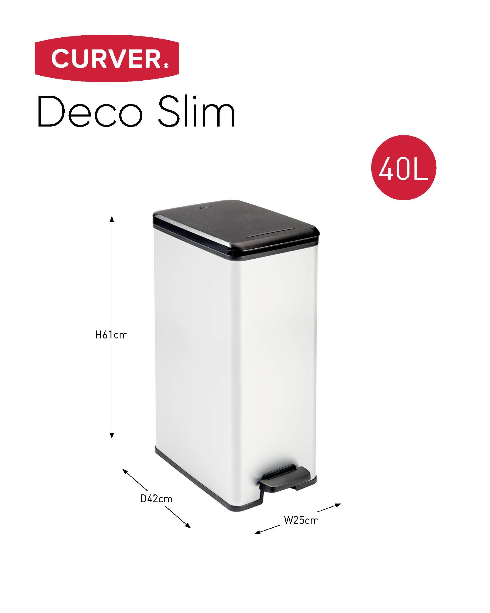 Curver DECO Bin 240640 Mülleimer 40l (B x H x T) 250 x 610 x 420mm Silber, Schwarz 1St.
