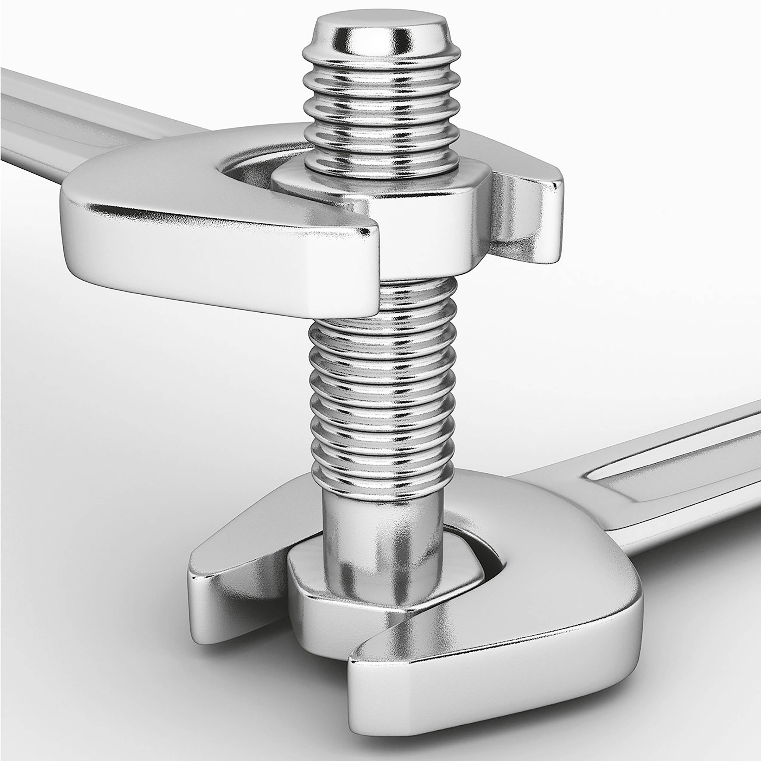 Zwei silberne Maulschlüssel greifen einen silbernen Bolzen. Werkzeugdarstellung zeigt Mechanik und Präzision.