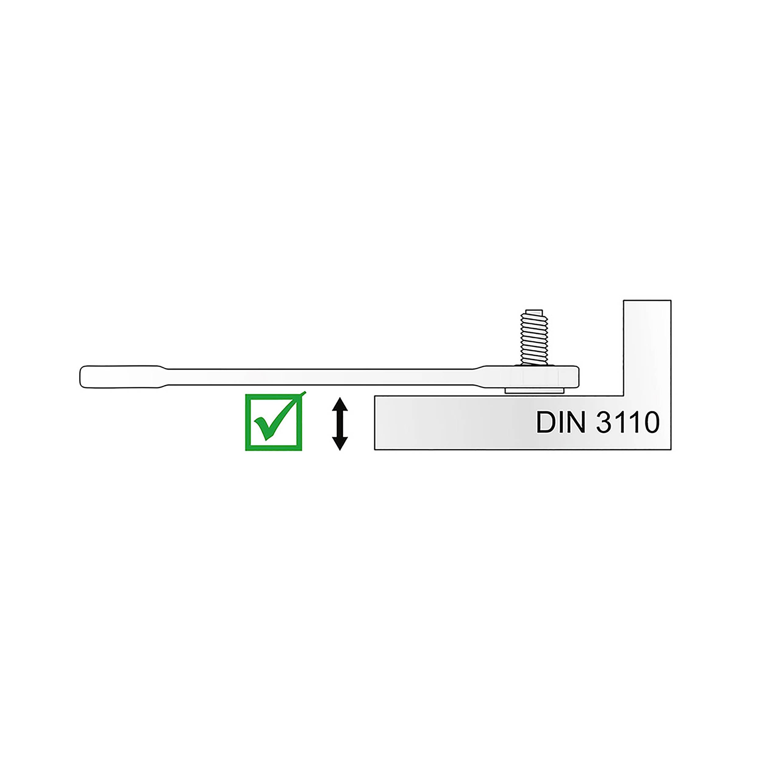 Das Bild zeigt eine technische Zeichnung eines Metallteils mit Markierung, die zeigt, dass die Spezifikation DIN 3110 erfüllt ist.
