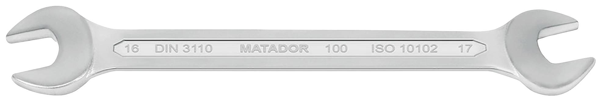 Ein silberner Doppelmaulschlüssel mit der Aufschrift '18 DIN 3110 MATADOR 100 ISO 10102 17'. Links Maulgröße 18, rechts 17.