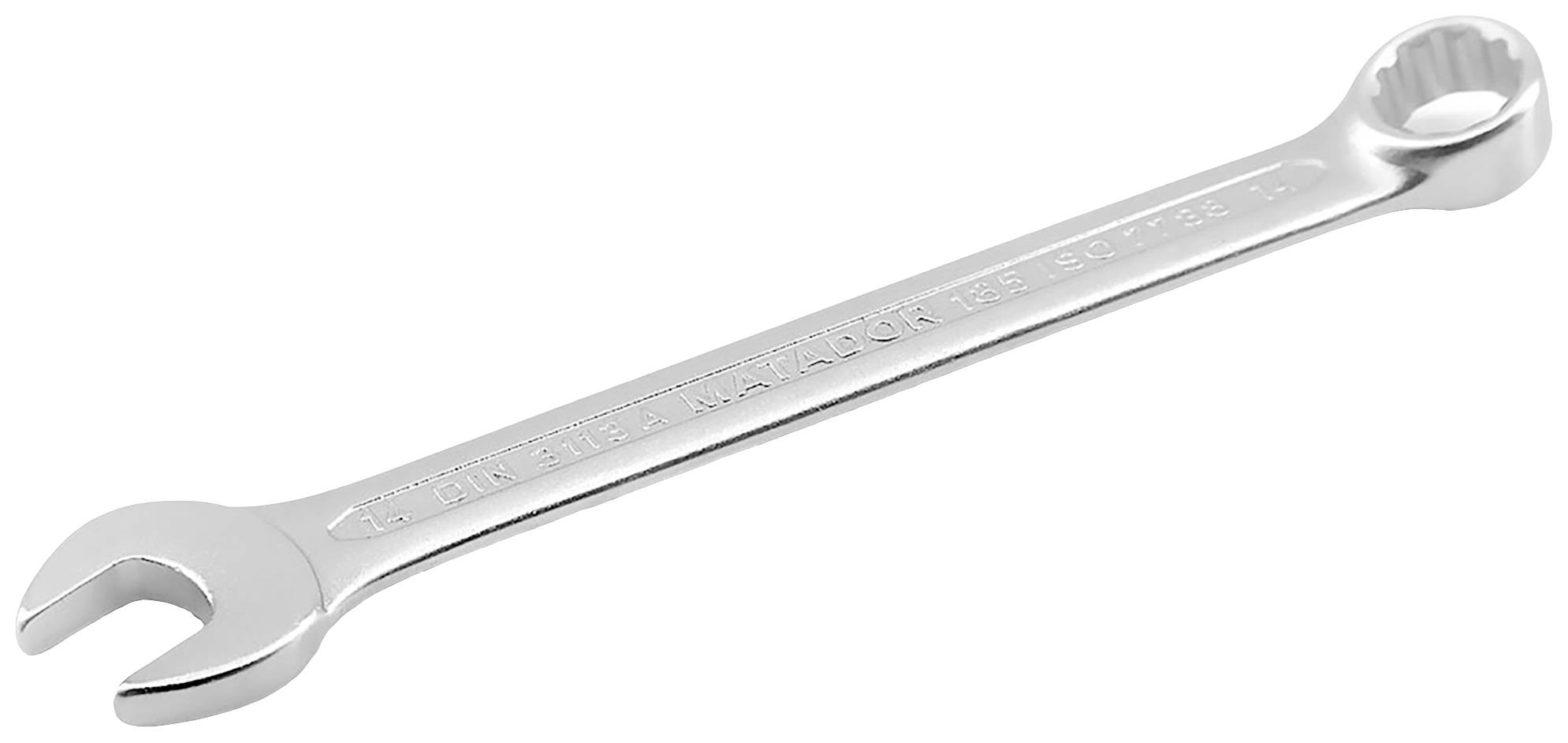 Schraubenschlüssel aus Metall mit offener und geschlossener Seite, verwendet zum Festziehen oder Lösen von Schrauben und Muttern.