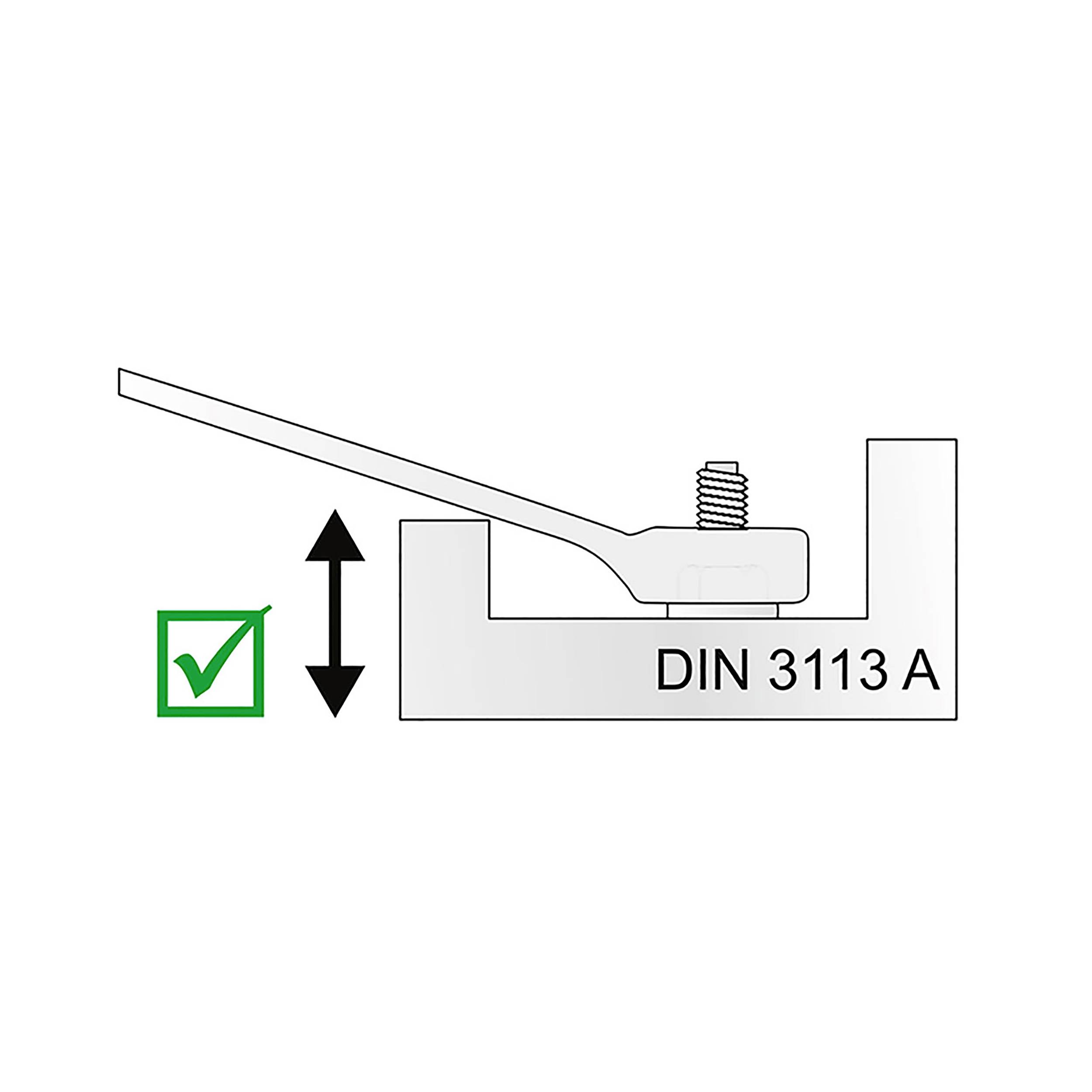 'DIN 3113 A' Schlüsselrichtlinie: Profilansicht eines Schraubenschlüssels mit Höhenmarkierung und grünem Häkchen zur Normkonformität.