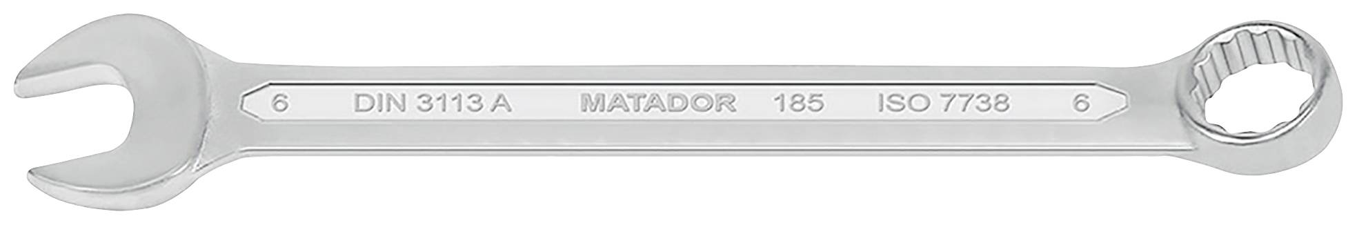 Ein silberner Maulschlüssel mit offener und ringschlüssiger Seite, Aufschriften: 'DIN 3113 A', 'MATADOR', '185', 'ISO 7738', und Größe '6'.