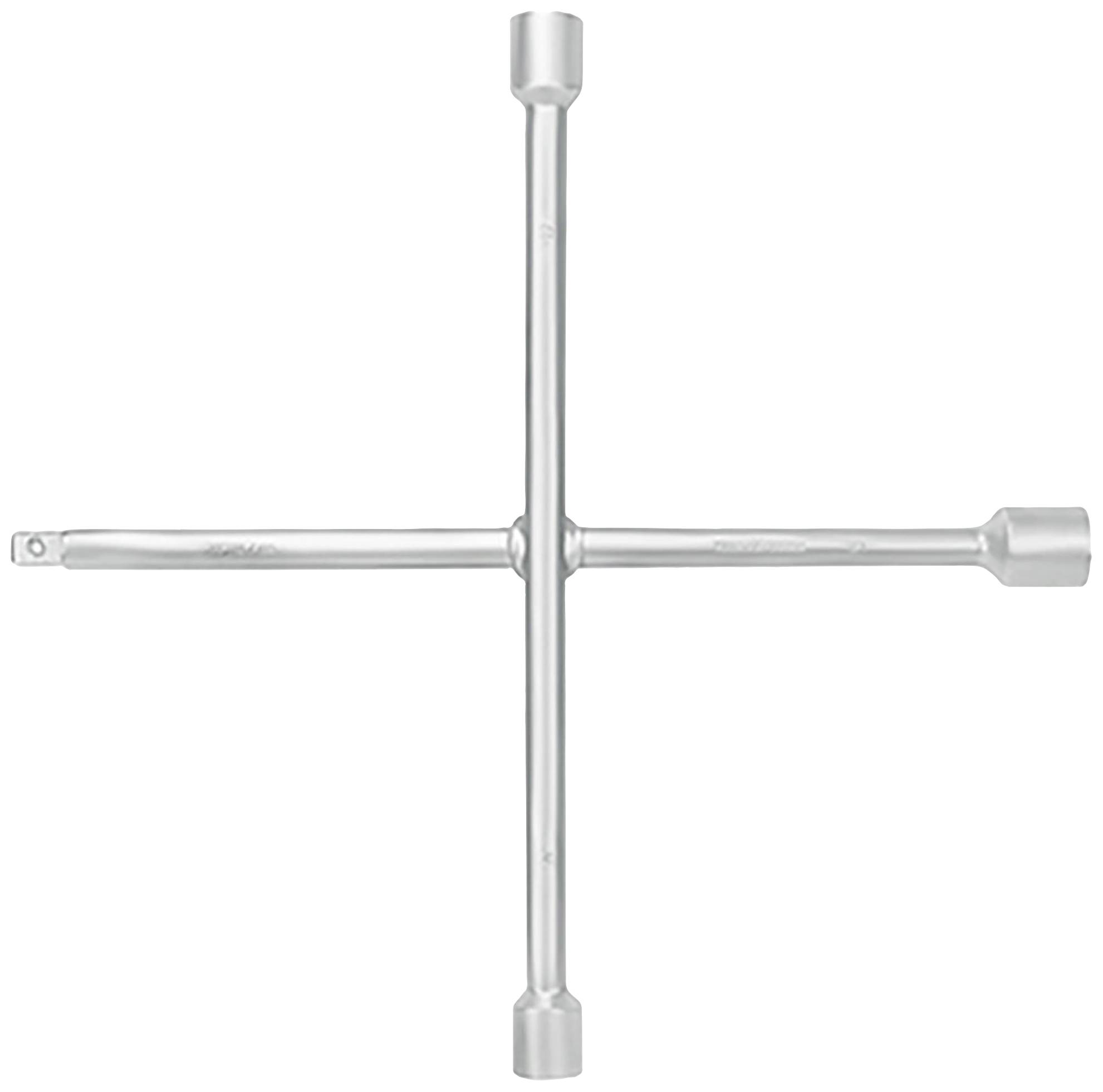 Ein Kreuzschlüssel aus Metall, verwendet zum Lösen oder Anziehen von Radmuttern bei Fahrzeugen. Vier gleich lange Arme mit Stecknüssen.