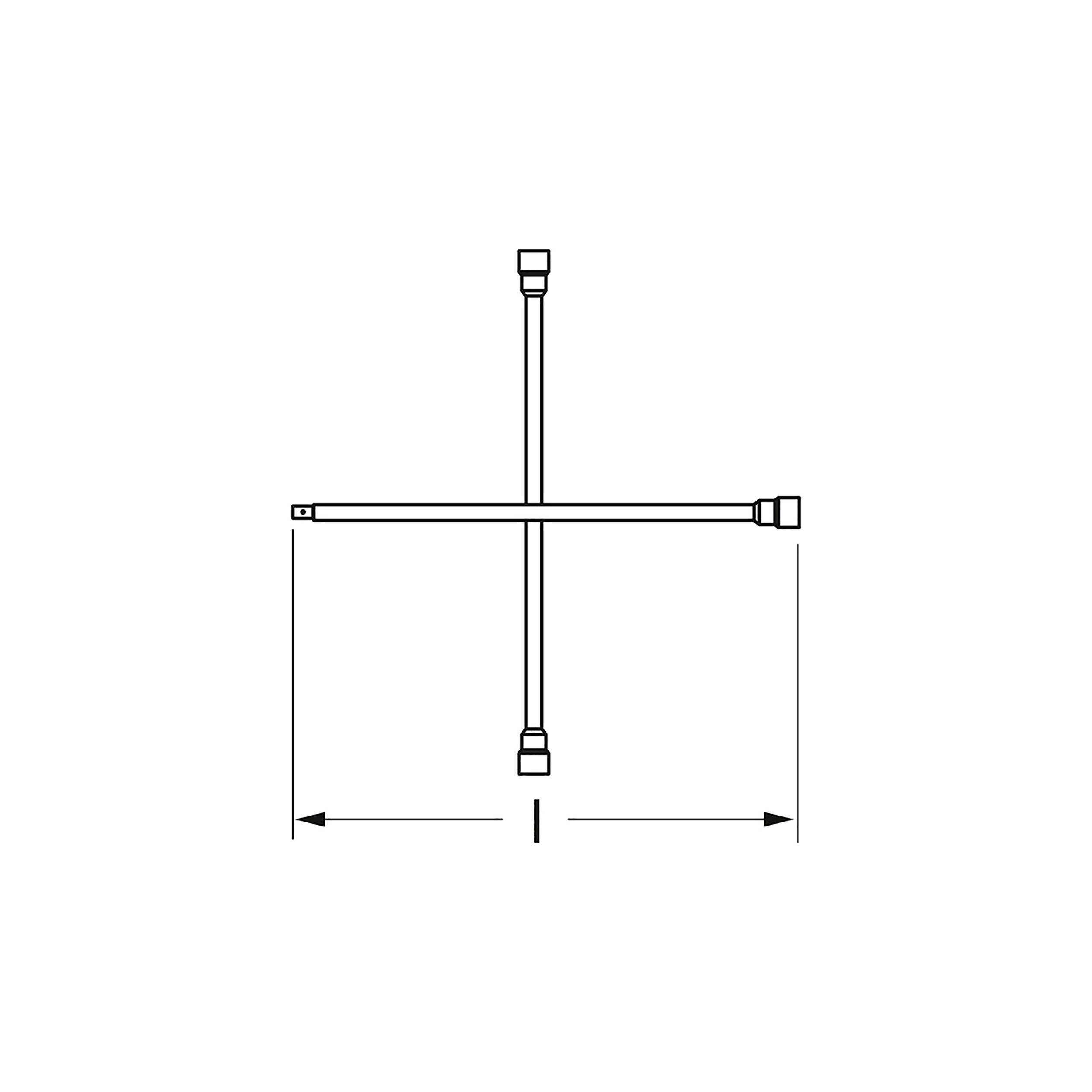 Kreuzschlüssel-Diagramm, zeigt vier gleich lange Arme mit quadratischen Enden zum Lösen oder Festziehen von Schrauben.