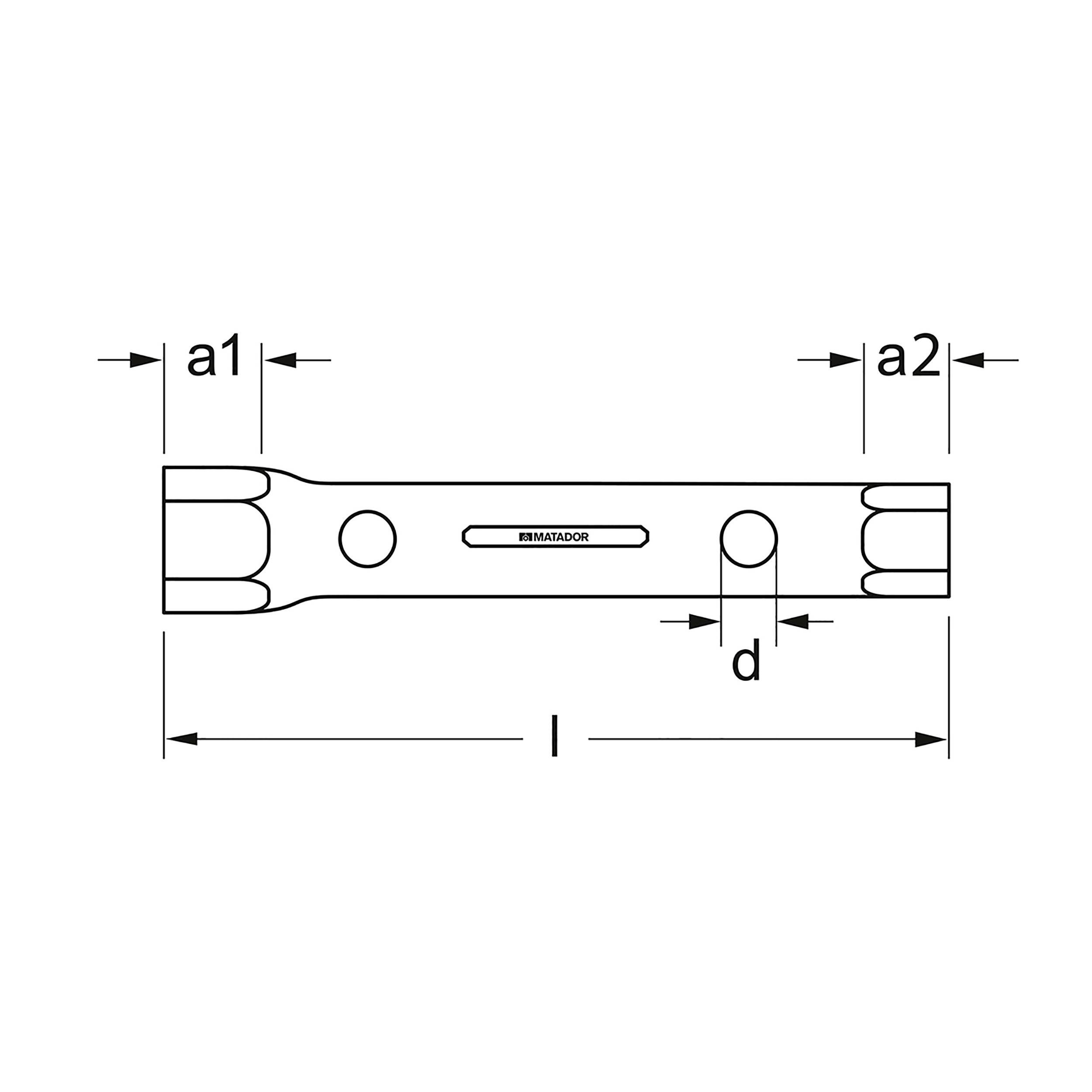 Schema einer Doppelsteckschlüssel-Stange mit den Maßen 'a1', 'a2', 'd' und 'l' in Millimetern versehen.