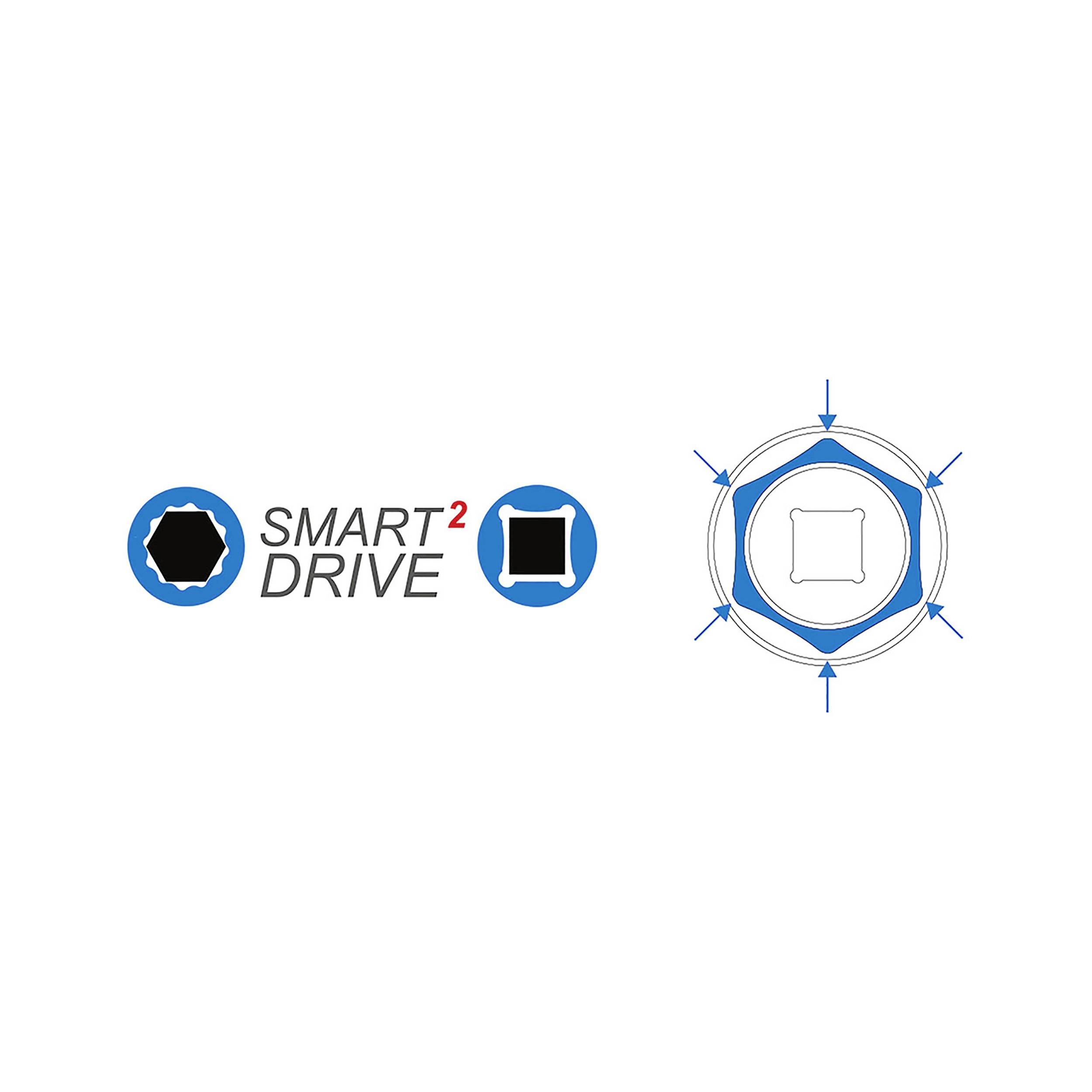 'SMART DRIVE' Logo links: schwarzes Sechseck und blauer Kreis mit Quadrat. Rechts: Design von Pfeilen und Kreisen um Quadrat.