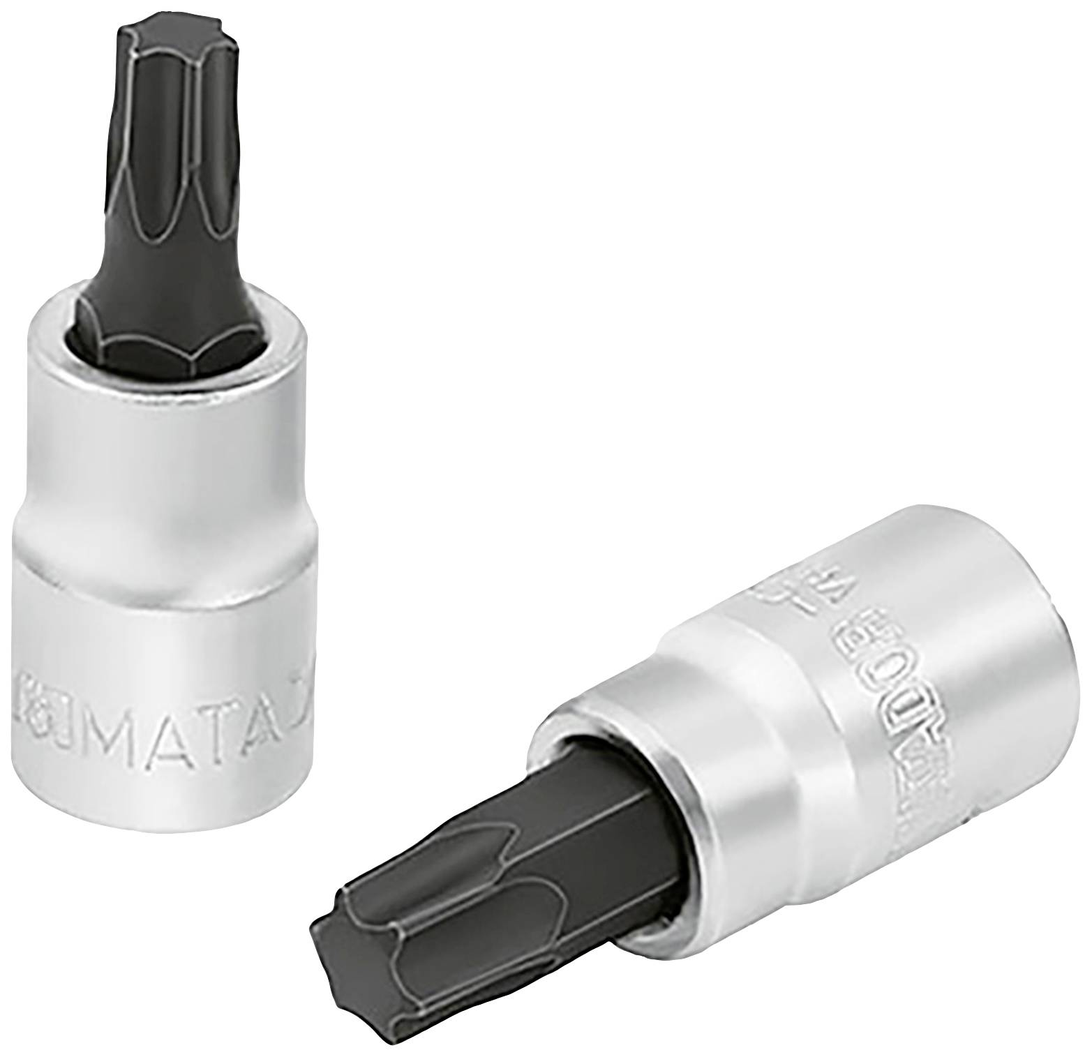 Zwei silberne Stecknüsse mit Torx-Bits, nebeneinander platziert. Die Bits sind schwarz und sternförmig, typisch für Torx-Schrauben.