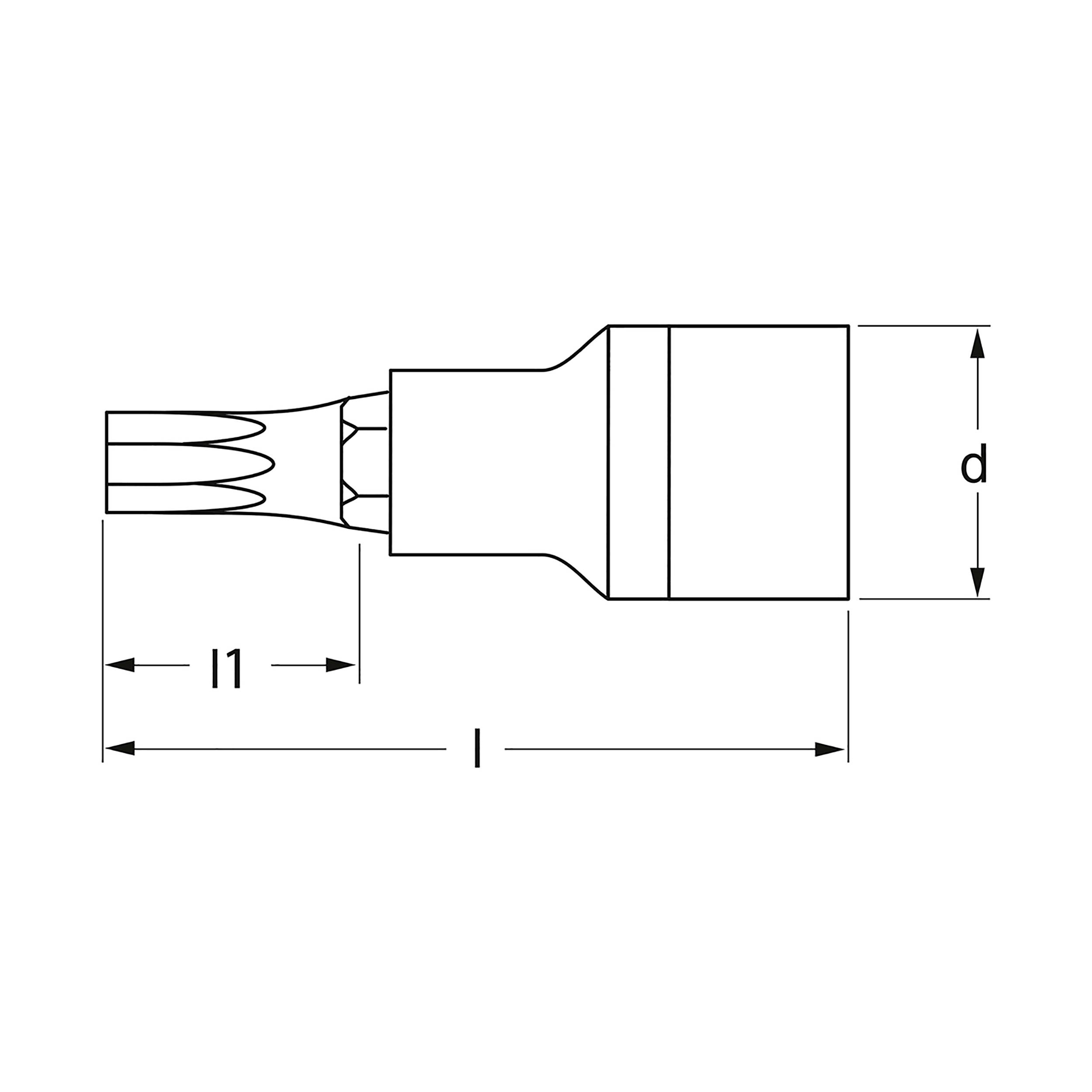 Zeichnung eines Steckschlüssels mit Markierungen der Maße 'l', 'l1' und 'd'.