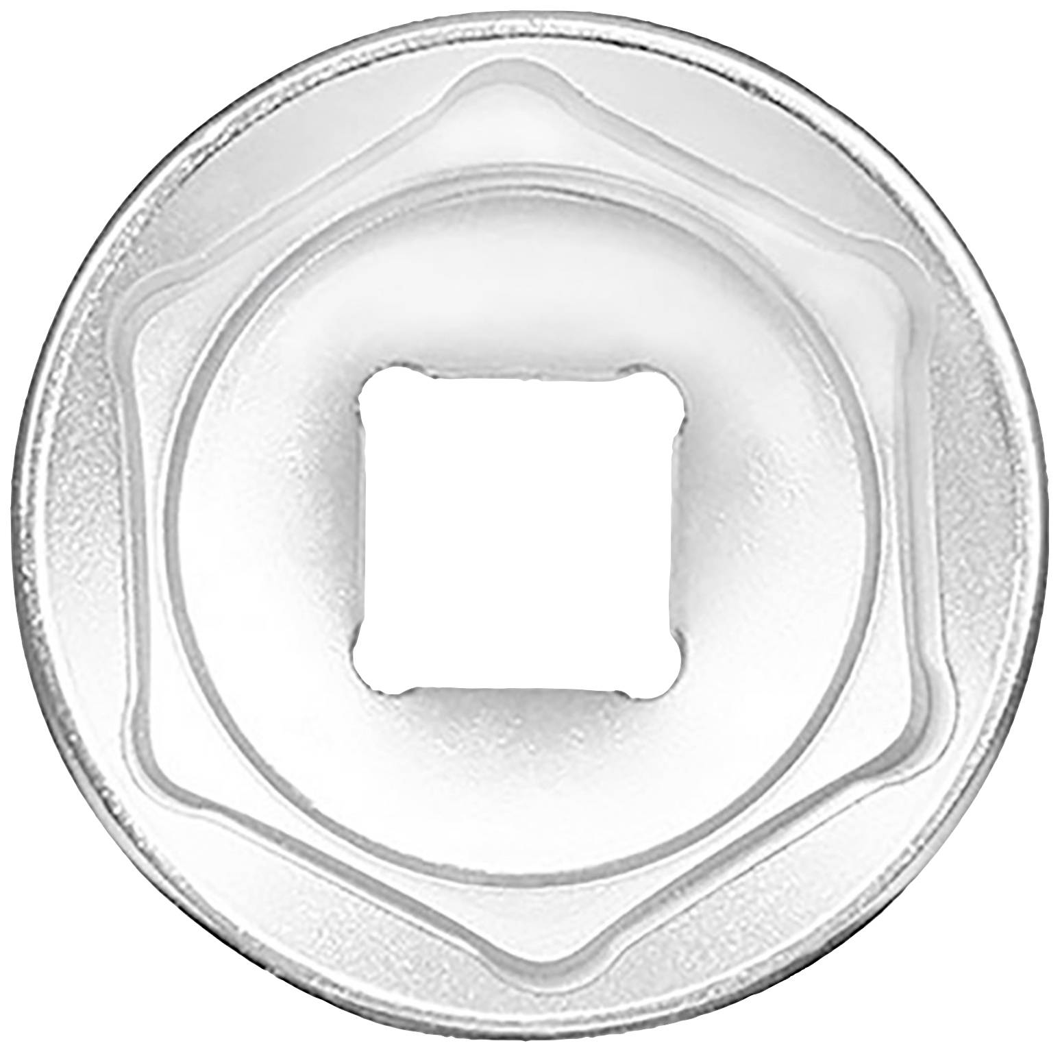 Runder metallischer Werkzeugaufsatz, sechseckig und quadratisch im Inneren, für Schrauben oder Muttern in technischen Anwendungen.