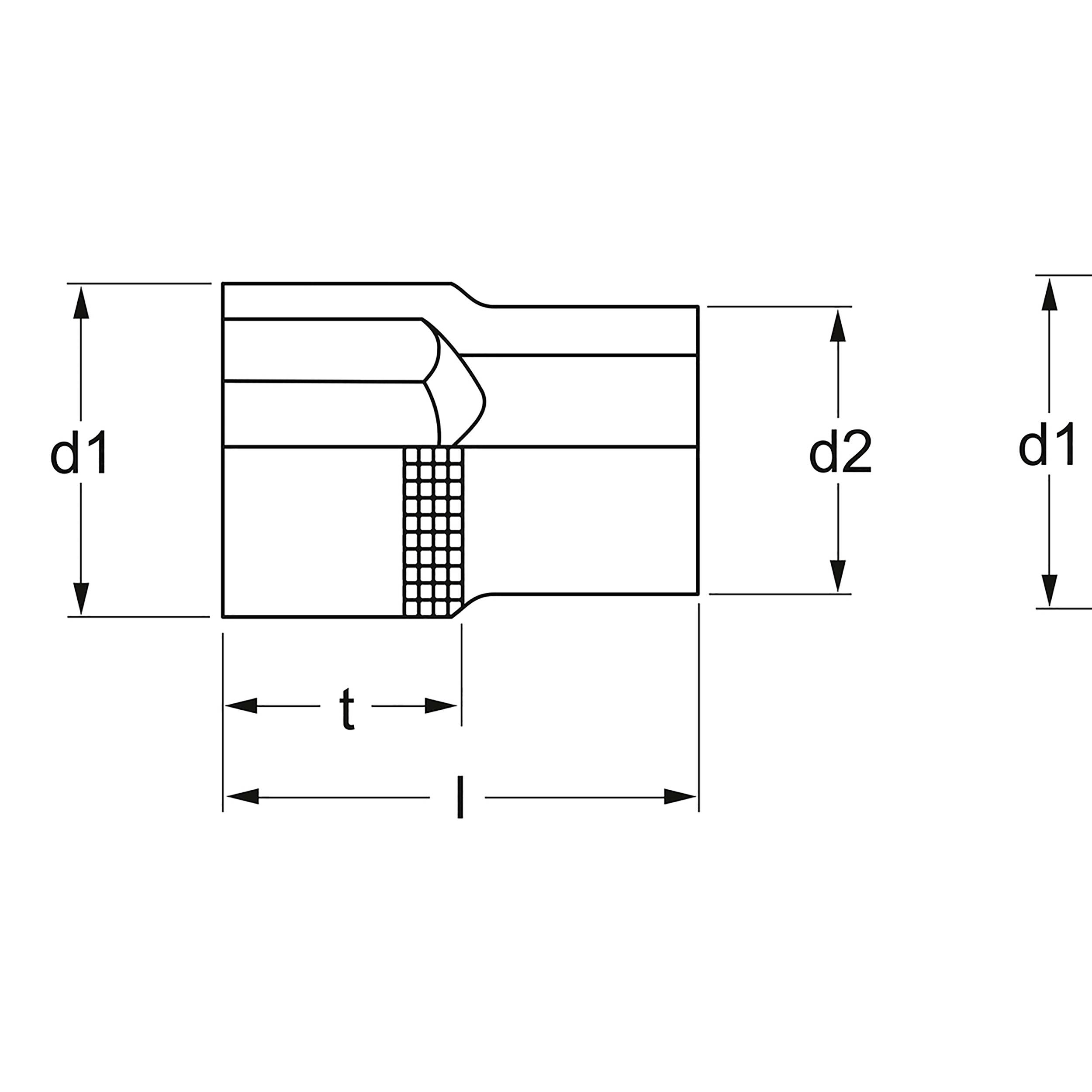 Technische Zeichnung eines zylindrischen Bauteils mit zwei verschiedenen Durchmessern (d1, d2) und Längenmaße (l, t) in Millimetern.