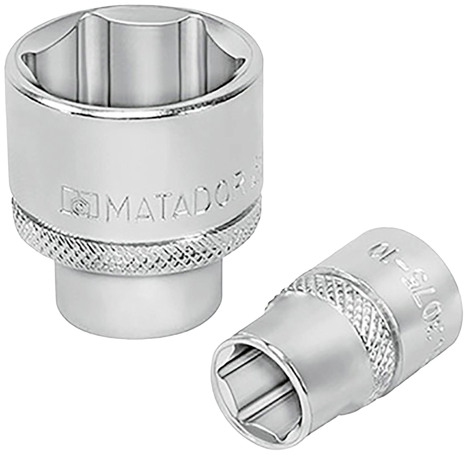 Zwei silberne Stecknüsse aus Metall, mit der Aufschrift 'MATADOR' präzise eingeprägt. Eine zeigt eine seitliche Ansicht, die andere eine frontale.
