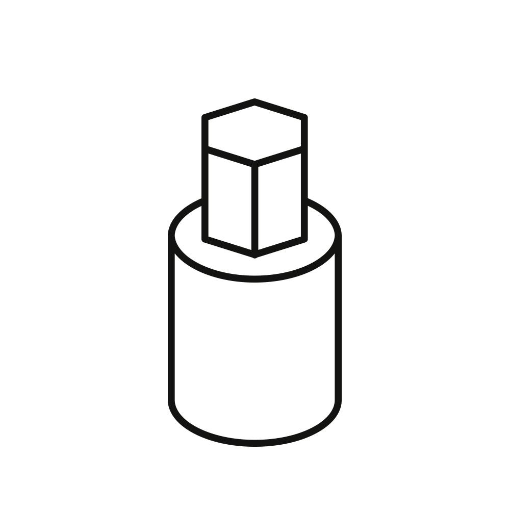 Ein einfaches Linien-Icon, das eine Nagellackflasche darstellt, mit einem sechseckigen Deckel auf einem zylindrischen Behälter.