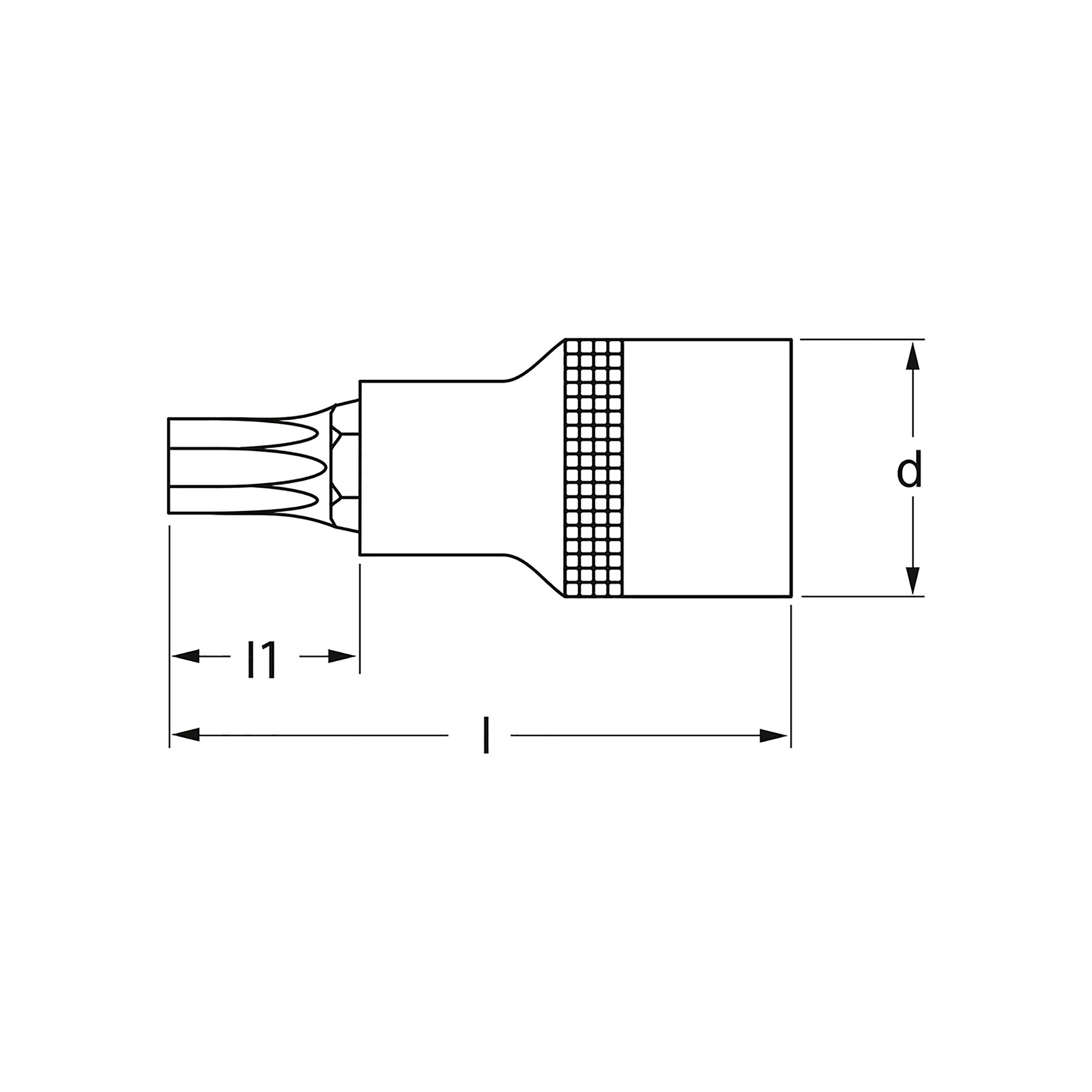 Schwarz-weiß Diagramm eines Kabelsteckers mit Beschriftungen 'l1', 'l' und 'd' zur Darstellung der Maße in Längsrichtung und Durchmesser.