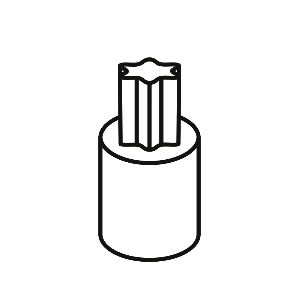 Ein stilisiertes Symbol eines sechszackigen Torx-Schraubwerkzeugs in einem zylindrischen Steckschlüssel.