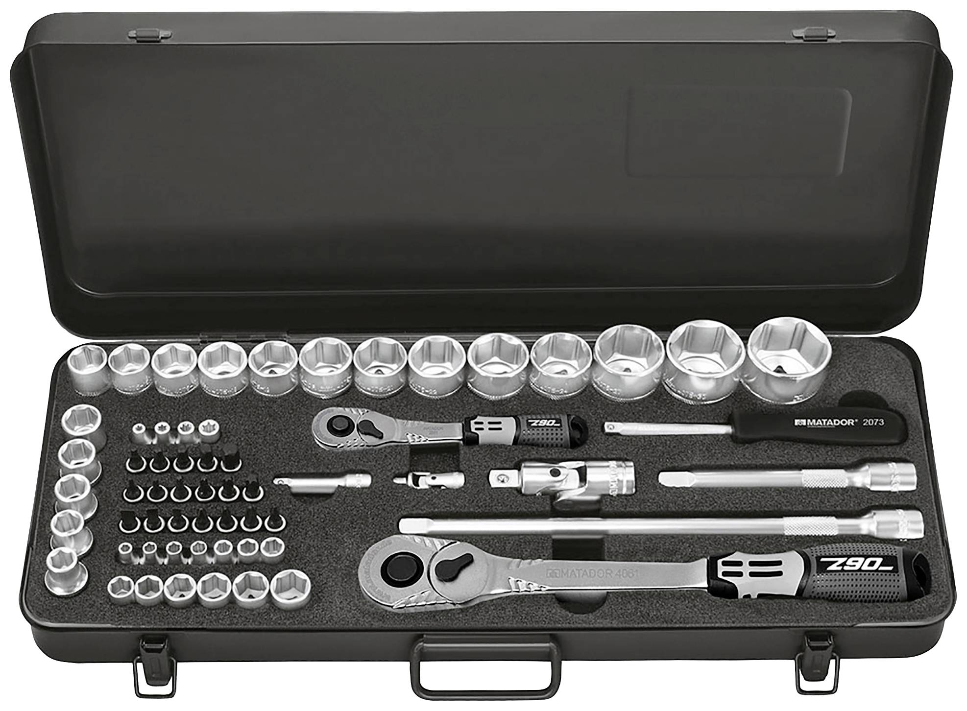Werkzeugkastenset mit verschiedenen Nüssen, Ratschen und Verlängerungen. Geeignet für mechanische Arbeiten und Reparaturen.