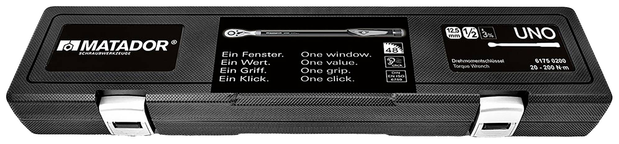'Matador Drehmomentschlüssel-Set in schwarzem Etui, zeigt Produktbild und technische Details. Beschriftung mit "Ein Fenster. Ein Wert. Ein Griff. Ein Klick."'